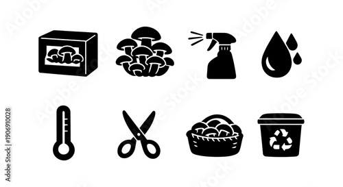 Mushroom cultivation icons: growing kit, tools, recycling symbols