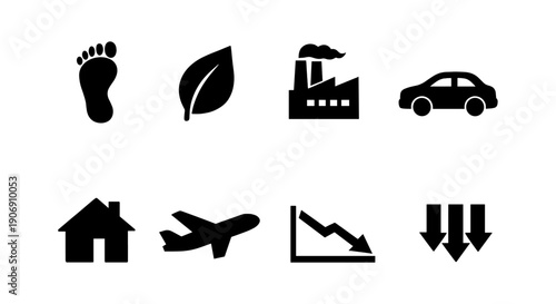 Environmental and industrial icons: footprint, leaf, factory, car, house, airplane, decline, arrows