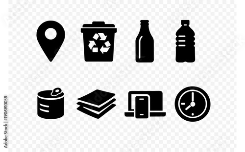 Set of black recycling and technology icons on transparent background