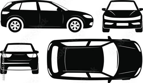 Black silhouette of a hatchback car from front side and top views automobile vehicle