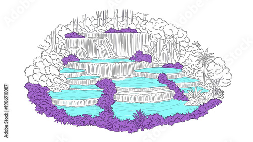 Scenic landscape with waterfalls and tropical foliage in hand-drawn style
