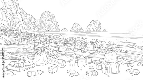 Ocean pollution problem highlighted by littered beach landscape with cliffs