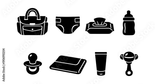 Essential baby items: diaper bag, diapers, wipes, bottle, pacifier, changing mat, cream, rattle