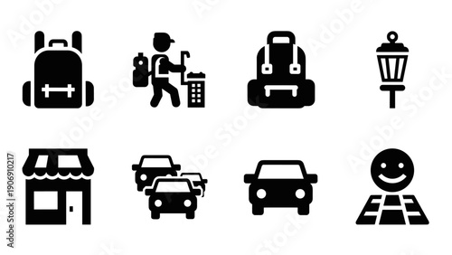 Minimalist urban icons: backpack, traffic, pedestrian, smiley, streetlight, storefront