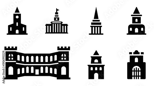 Iconic buildings collection in simple black silhouette style