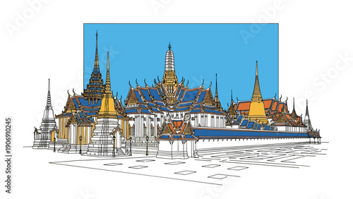 Detailed linear art of bangkok's iconic wat phra kaew with blue sky background