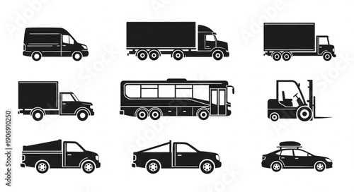 Collection of various vehicle silhouettes for transportation and logistics.