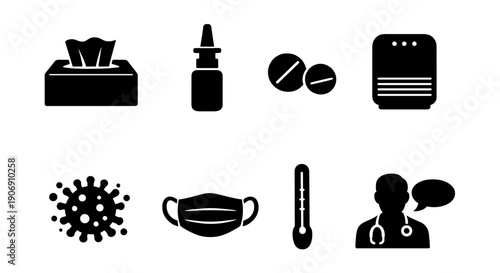 Medical icons: tissues, nasal spray, pills, humidifier, virus, mask, thermometer, doctor