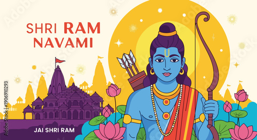 Illustration of a deity with a bow, temple, and lotus flowers