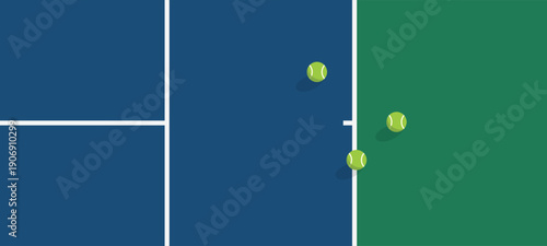 Top view tennis court detail showing blue and green playing surface with clean white line markings and tennis balls