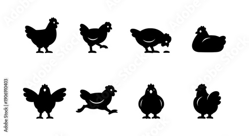 Silhouette collection of chickens in various poses on white background