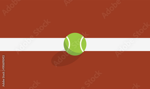 Top view clay tennis court detail with red surface, clean white line marking, and a tennis ball