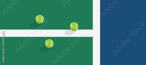 Top view hard tennis court detail with green and blue playing surface, clean white line markings, and tennis balls
