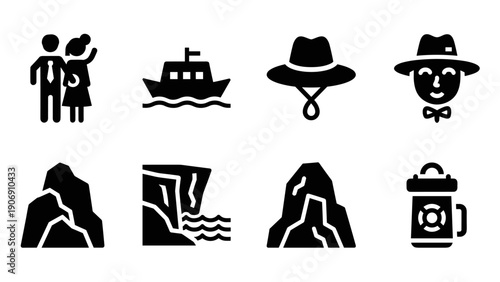 Collection of minimalist icons: travel, fashion, nature, and safety