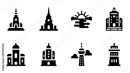 Iconic landmark silhouettes: minimalist architectural icons in black and white