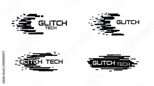 Glitch Tech logo examples with fragmented digital effects
