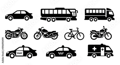 Collection of various vehicle silhouettes for transportation and travel.
