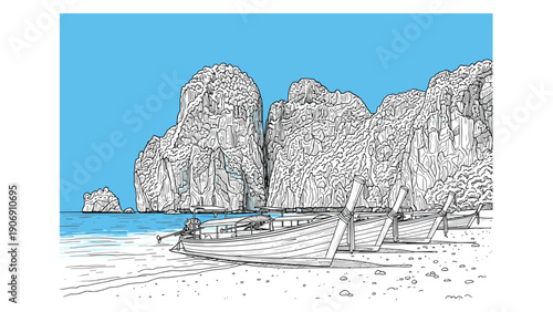 Tropical beach with traditional boats and limestone cliffs in linear art style