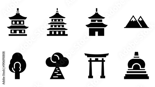 Minimalist japanese icons collection: pagoda, torii, mountains, and nature silhouettes