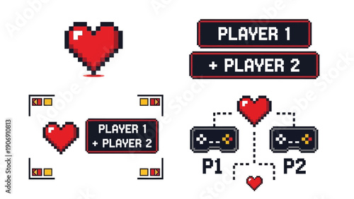 Pixel art icons represent player status and game controllers for video games.