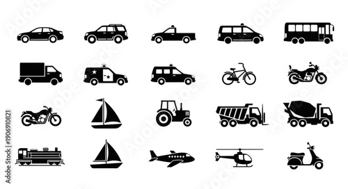 Collection of various vehicle icons in black silhouette.