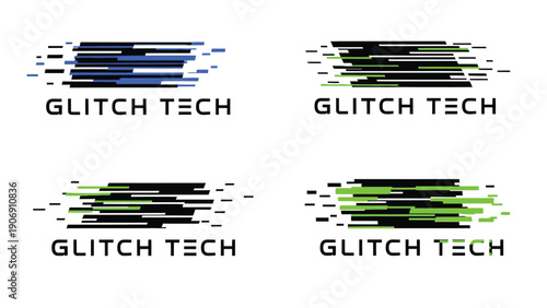 Four variations of a 'Glitch Tech' logo design with digital effects.