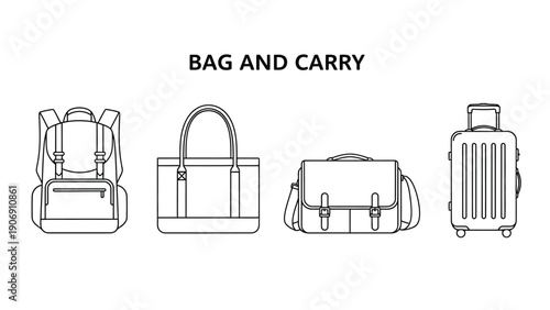 A backpack, tote bag, messenger bag, and rolling suitcase are shown side-by-side.