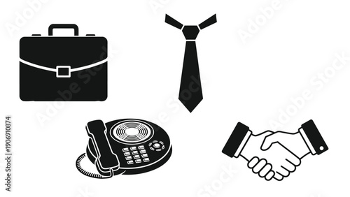 Business icons representing a briefcase, tie, phone, and handshake.