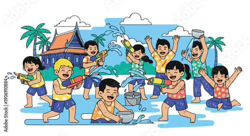 Group of children playing with water guns near a temple