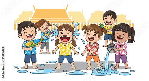 Group of children in colorful shirts playing with water guns and water