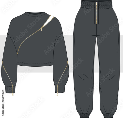 Sweatshirt and jogger sweatpants with zipper detail.  fashion technical drawing, illustration. Stylish sportswear design tracksuit, vector. Cad, Mockup Set. 