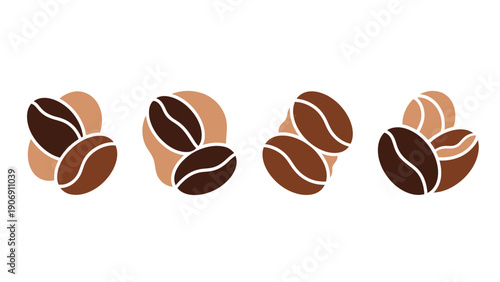 Four illustrations of coffee beans in various arrangements on a white background.