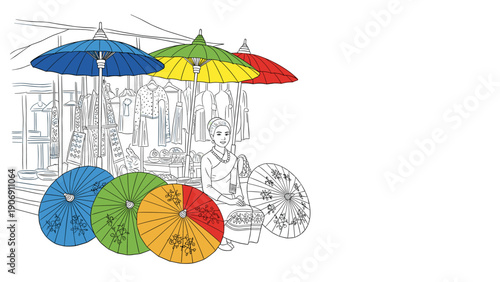 Colorful market scene with traditional asian umbrellas and vendor line art