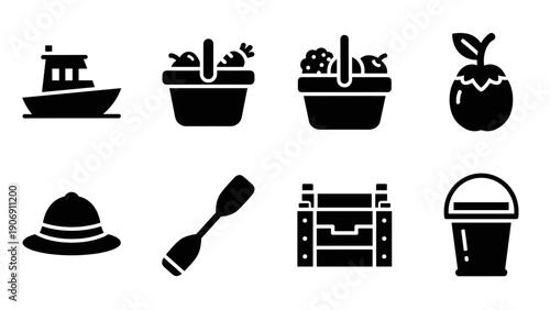 Silhouette icons of boat, picnic basket, fruit, and outdoor gear