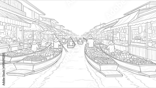 Coloring page of bustling asian floating market scene with boats