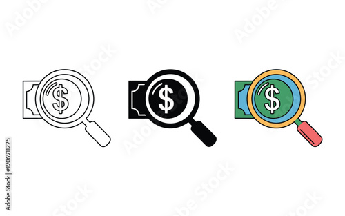 Magnifying glass examines dollar bill to represent financial analysis and business.