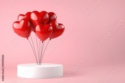 Valentine balloon heart red heart balloon romantic decoration love symbol pink background white podium celebration concept festive design holiday greeting 3d render romantic red heart balloon