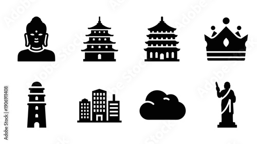 Icon set featuring asian architecture, symbols, and buddha head