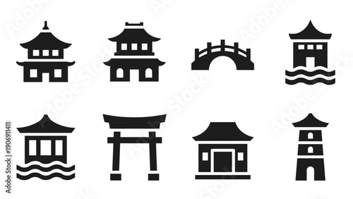 Minimalist silhouette icons of traditional asian structures