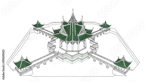 Traditional thai architecture with green roofs in an isometric line art style