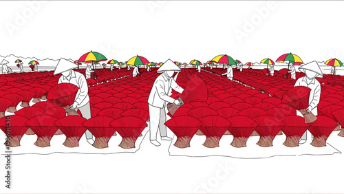 Artisans crafting incense: vibrant umbrellas, traditional attire, cultural craft