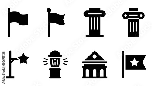 Minimalist icon set featuring flags, columns, and buildings with bold silhouettes