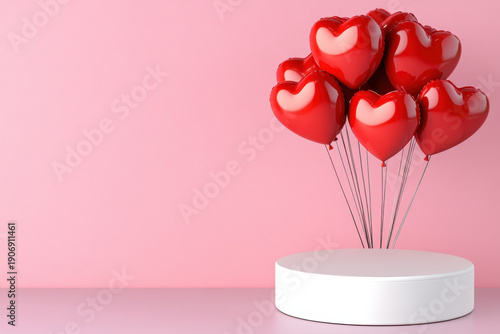 White podium heart balloon love romance celebration red heart balloon white round podium pink background romantic decoration love concept valentine theme 3d rendering holiday greeting copy space