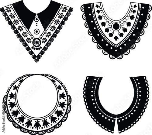 Four black and white decorative collar and necklace designs with floral patterns Keywords: collar, necklace, decorative, design