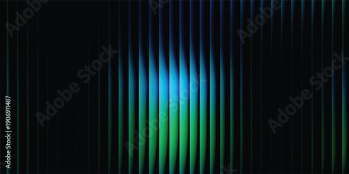 Reeded glass gradient surface, futuristic panel with vertical prism distortion. Dark abstract field infused with fractal texture in neon teal and green tones, vector illustratio