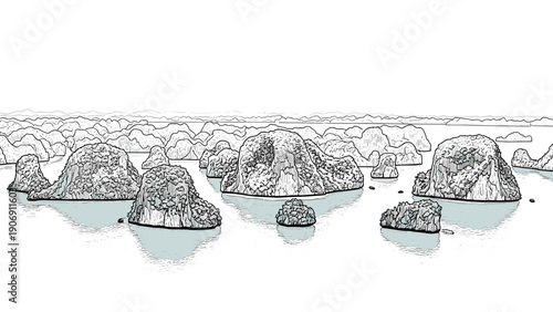 Hand drawn island landscape with scenic rock formations and calm waters