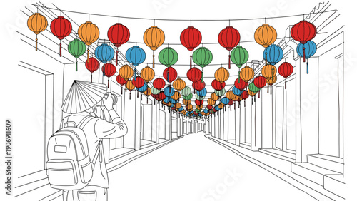 Colorful lanterns adorning street with traveler taking photos in linear style
