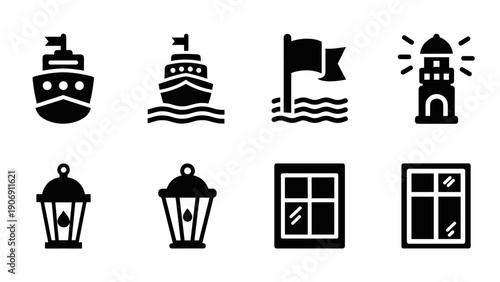 Nautical and maritime icons set featuring ships, lighthouse, flag, and windows