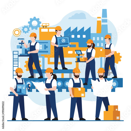 Illustration of a factory scene with workers in hard hats