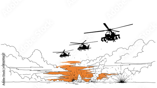 Military helicopters flying over explosive battlefield with dramatic sky